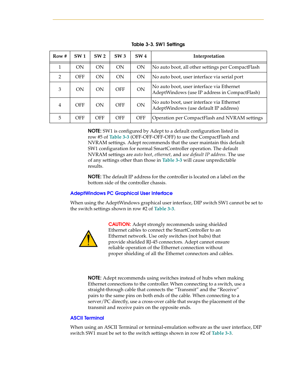 Adeptwindows pc graphical user interface, Ascii terminal, Table 3-3 | Sw1 settings, W #5, For the | Nortech Systems Adept RS-232/TERM User Manual | Page 43 / 156