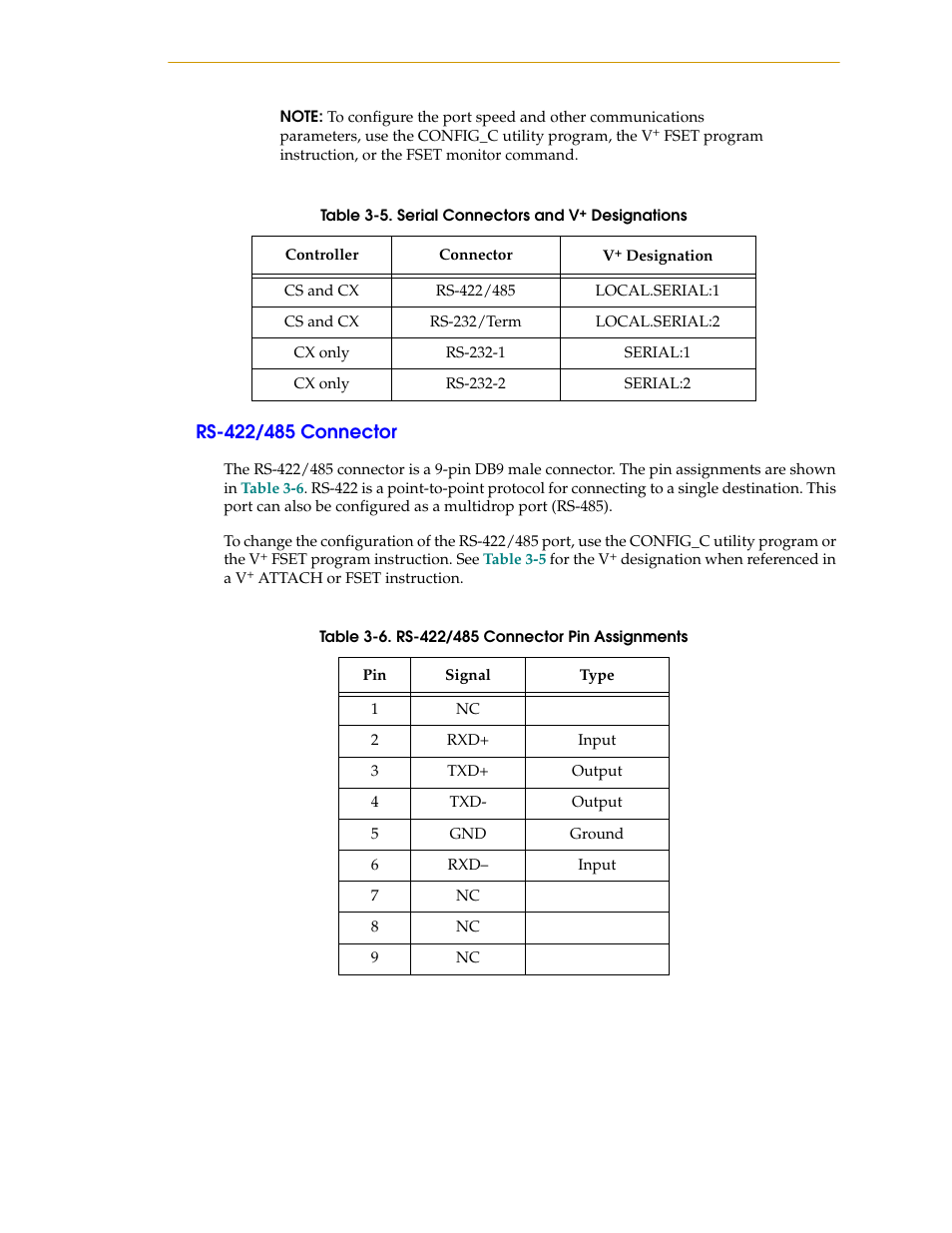 Rs-422/485 connector, Table 3-5, Serial connectors and v | Table 3-6, Rs-422/485 connector pin assignments, N in | Nortech Systems Adept RS-232/TERM User Manual | Page 45 / 156