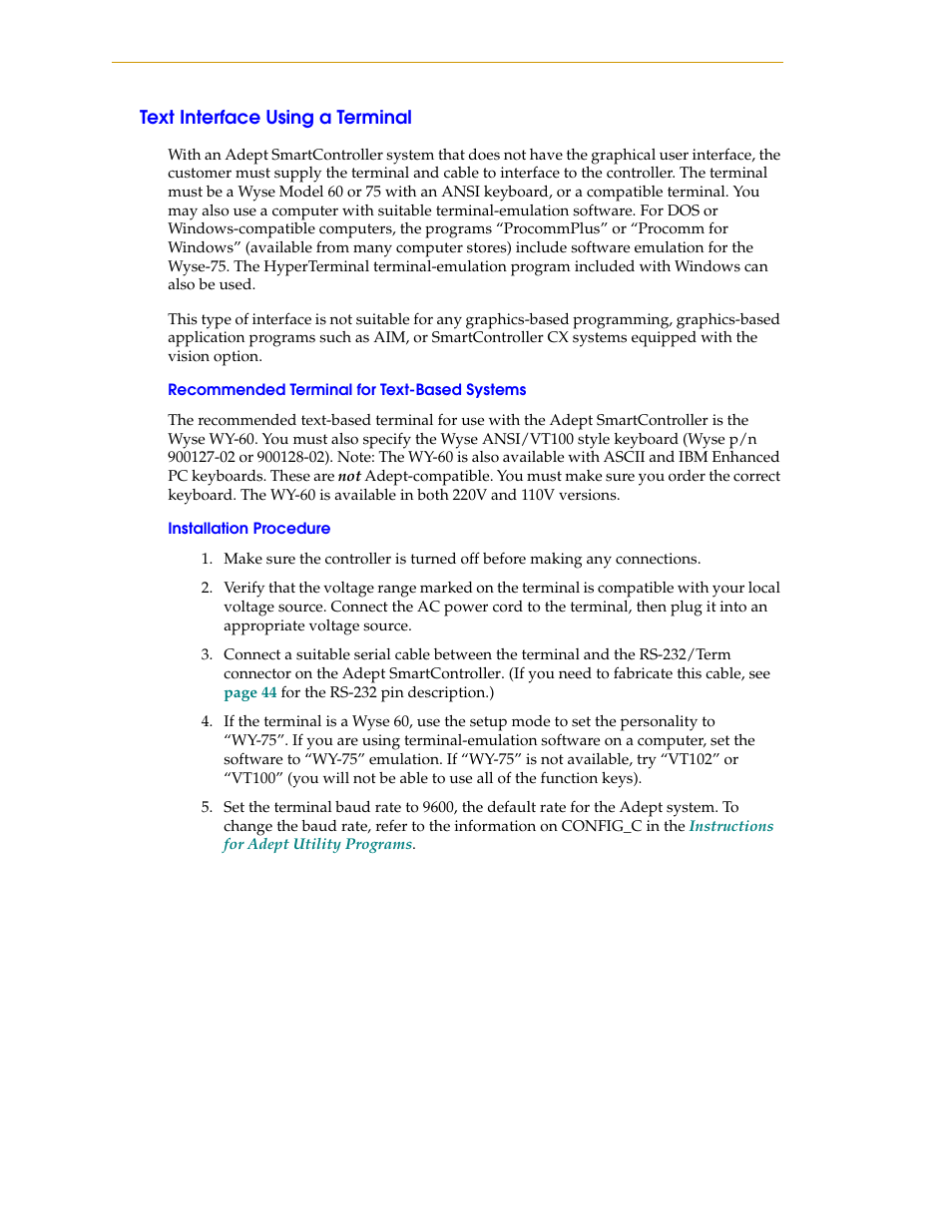 Text interface using a terminal, Recommended terminal for text-based systems, Installation procedure | Nortech Systems Adept RS-232/TERM User Manual | Page 48 / 156