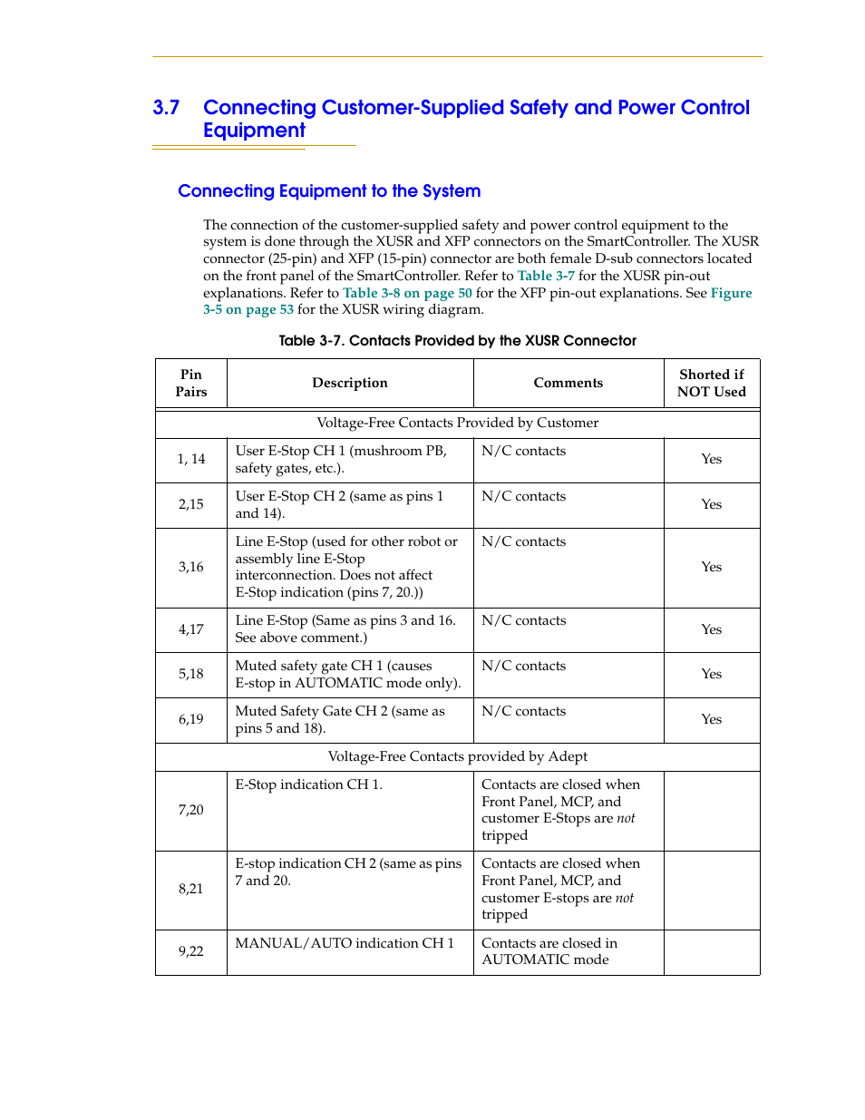 Connecting equipment to the system, Table 3-7, Contacts provided by the xusr connector | For inf | Nortech Systems Adept RS-232/TERM User Manual | Page 49 / 156