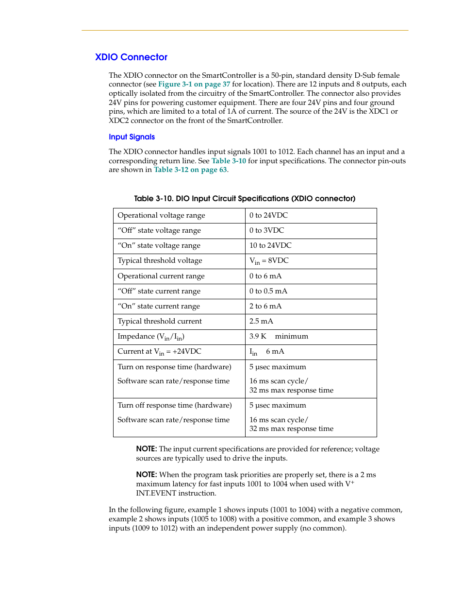 Xdio connector, Input signals, Table 3-10 | Dio input circuit specifications (xdio connector) | Nortech Systems Adept RS-232/TERM User Manual | Page 59 / 156