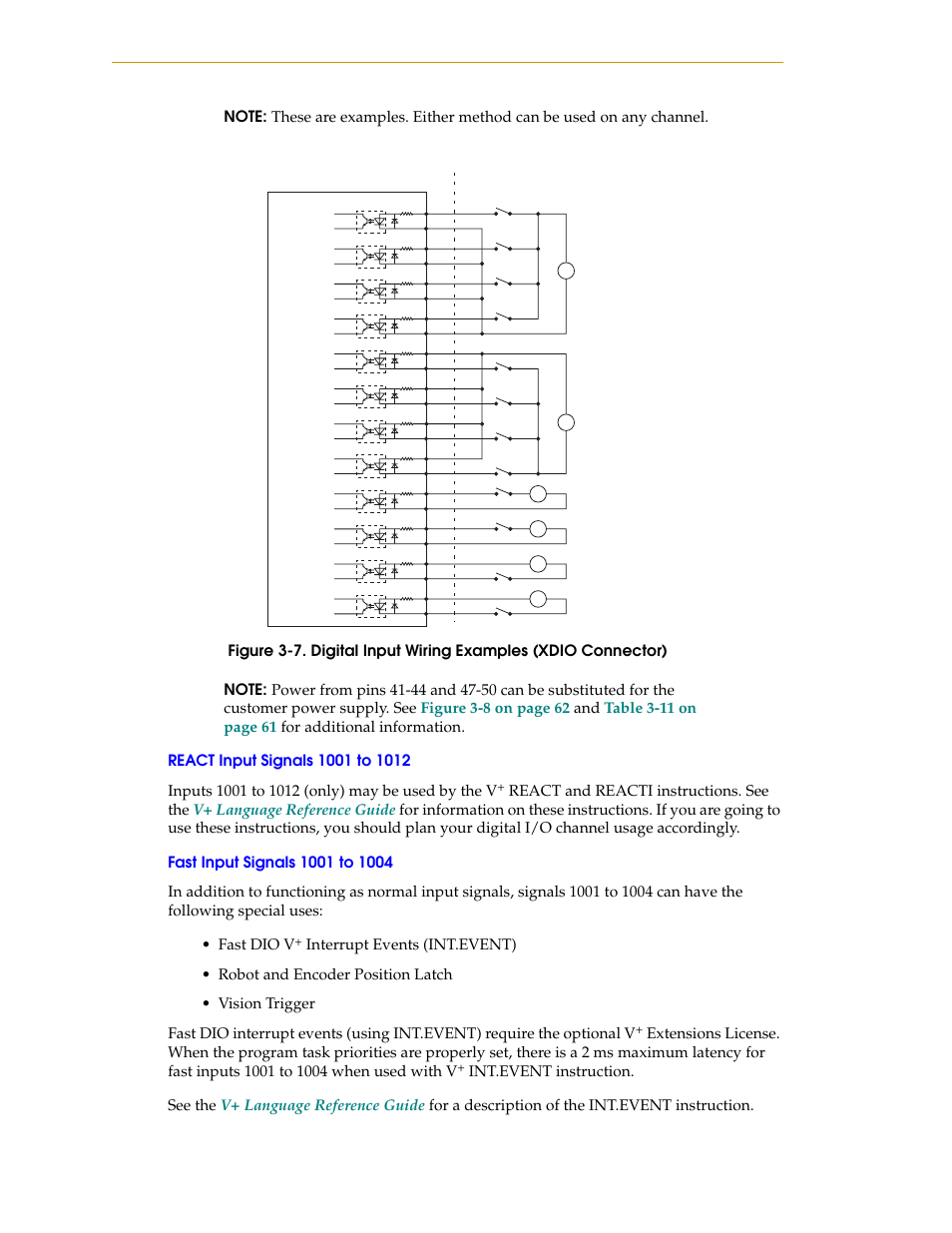 React input signals 1001 to 1012, Fast input signals 1001 to 1004, Figure 3-7 | Digital input wiring examples (xdio connector) | Nortech Systems Adept RS-232/TERM User Manual | Page 60 / 156