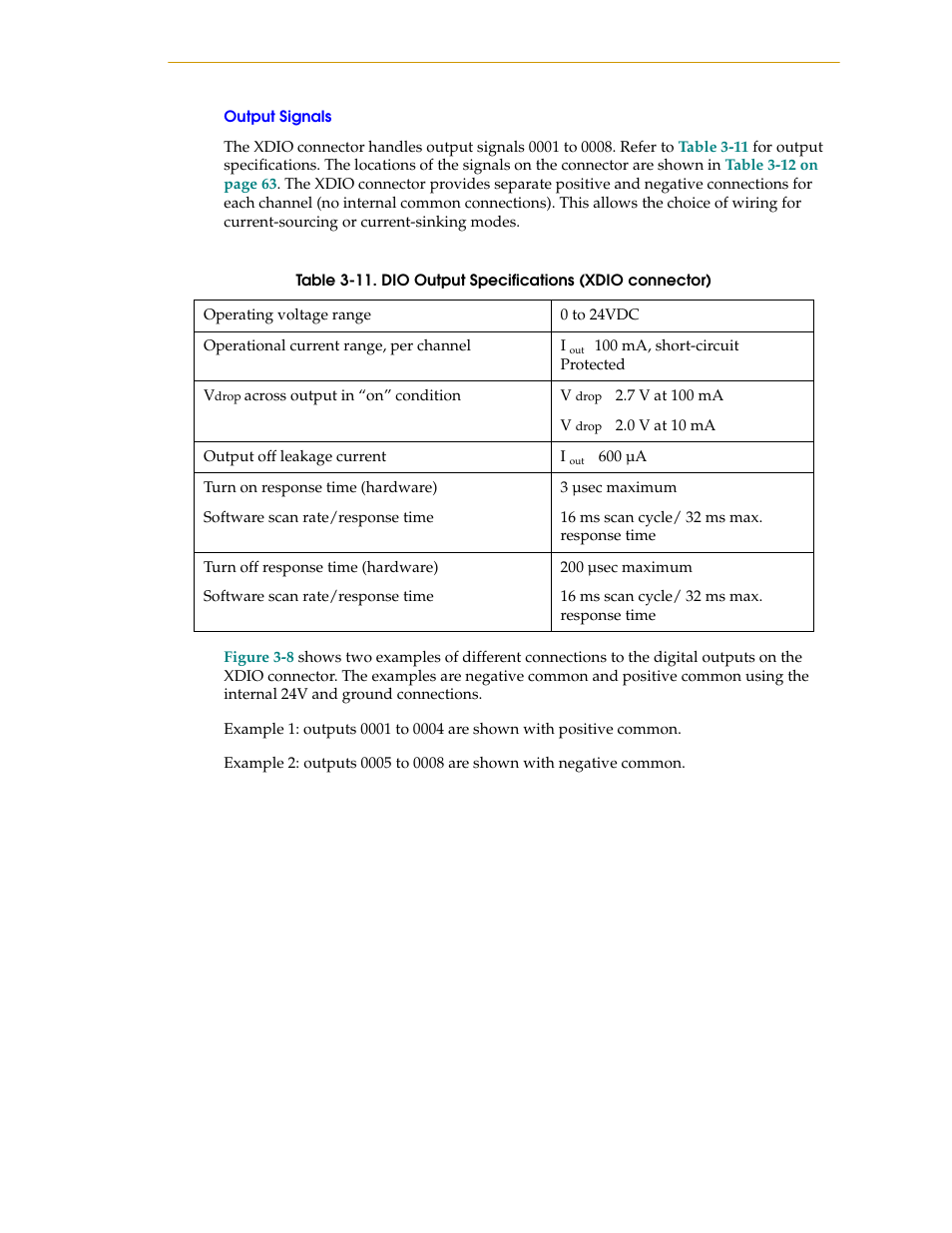 Output signals, Table 3-11, Dio output specifications (xdio connector) | Table 3-11 on | Nortech Systems Adept RS-232/TERM User Manual | Page 61 / 156