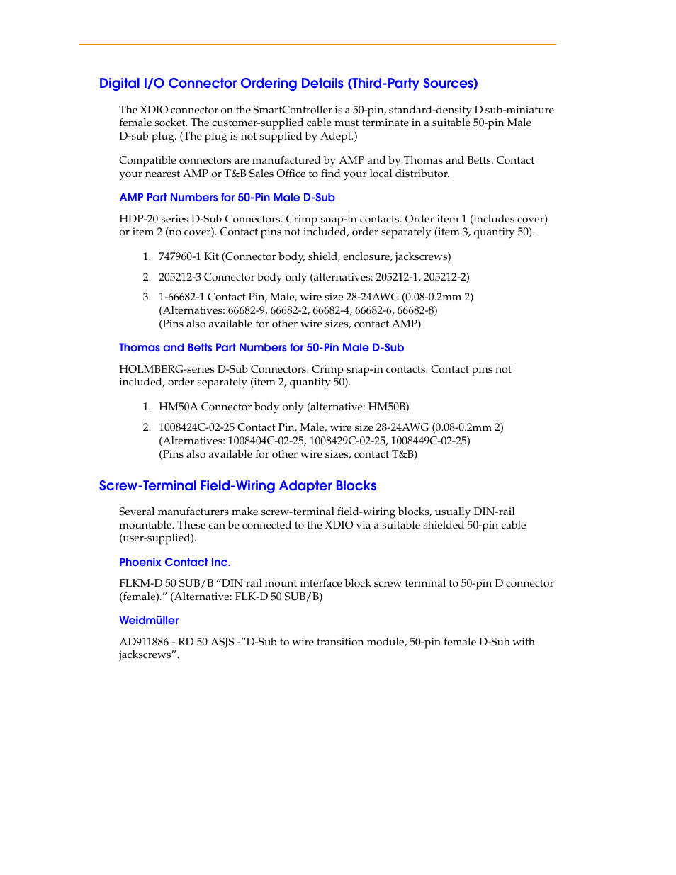 Amp part numbers for 50-pin male d-sub, Screw-terminal field-wiring adapter blocks, Phoenix contact inc | Weidmüller, Phoenix contact inc weidmüller | Nortech Systems Adept RS-232/TERM User Manual | Page 64 / 156
