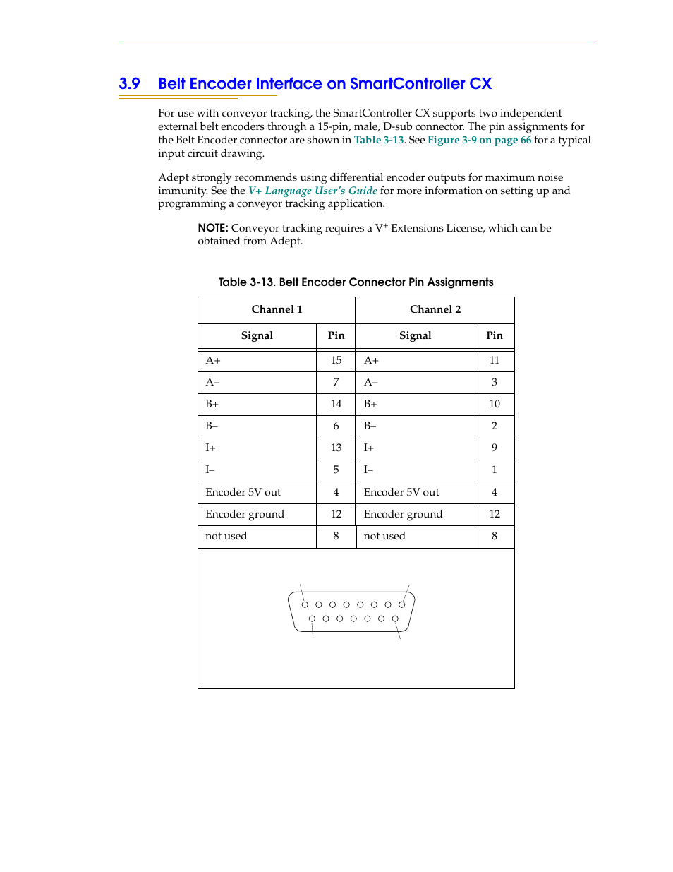 9 belt encoder interface on smartcontroller cx, Table 3-13, Belt encoder connector pin assignments | Nortech Systems Adept RS-232/TERM User Manual | Page 65 / 156