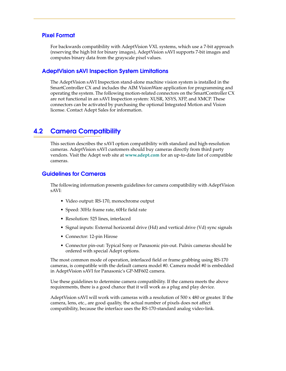 Pixel format, Adeptvision savi inspection system limitations, 2 camera compatibility | Guidelines for cameras | Nortech Systems Adept RS-232/TERM User Manual | Page 68 / 156