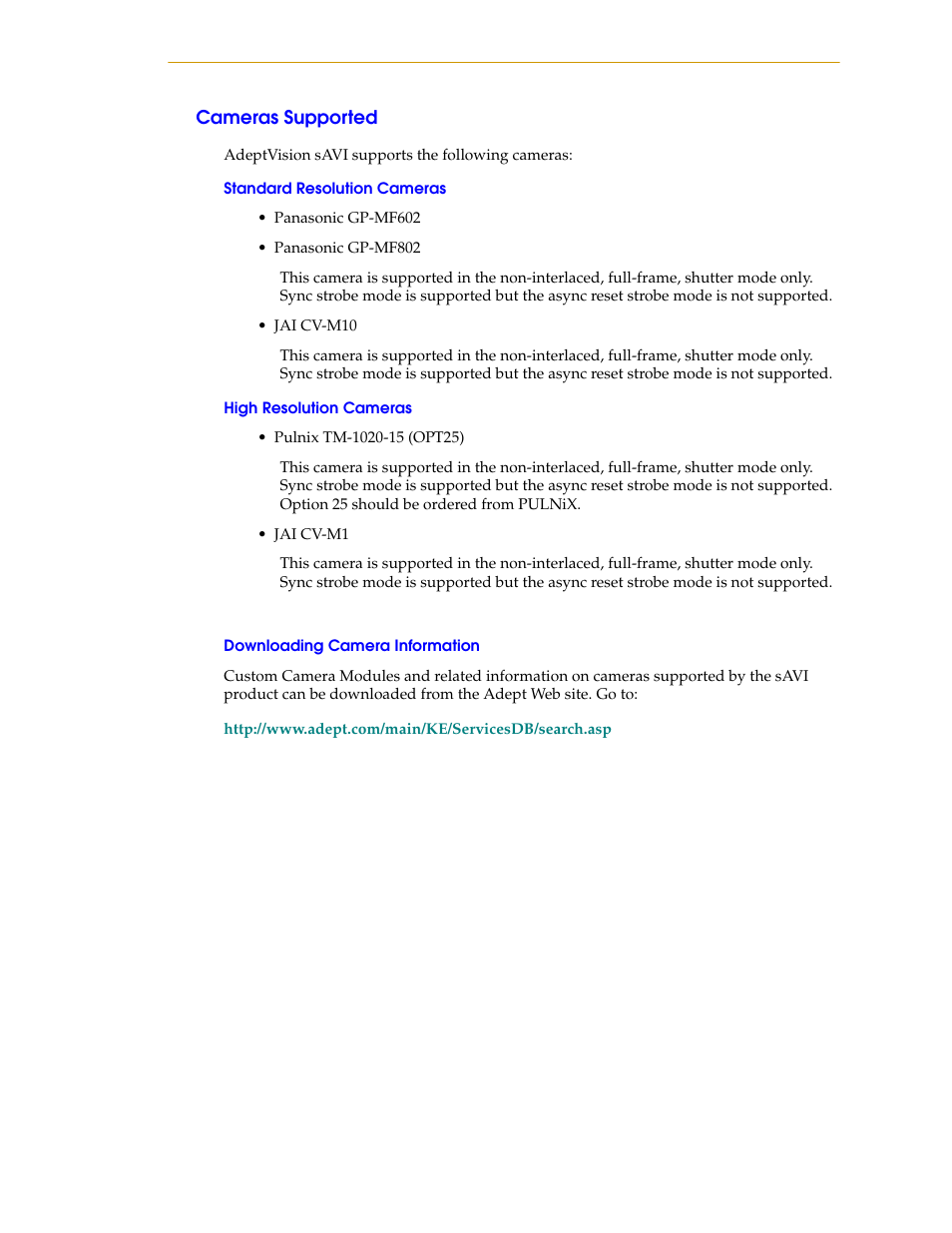 Cameras supported, Standard resolution cameras, High resolution cameras | Downloading camera information | Nortech Systems Adept RS-232/TERM User Manual | Page 69 / 156