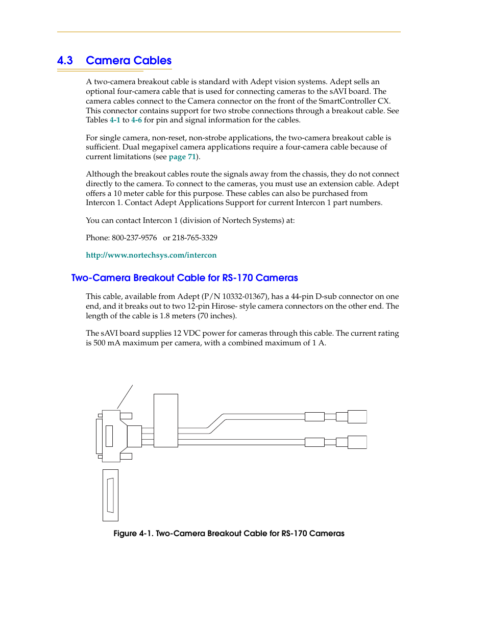 3 camera cables, Two-camera breakout cable for rs-170 cameras, Figure 4-1 | Nortech Systems Adept RS-232/TERM User Manual | Page 70 / 156
