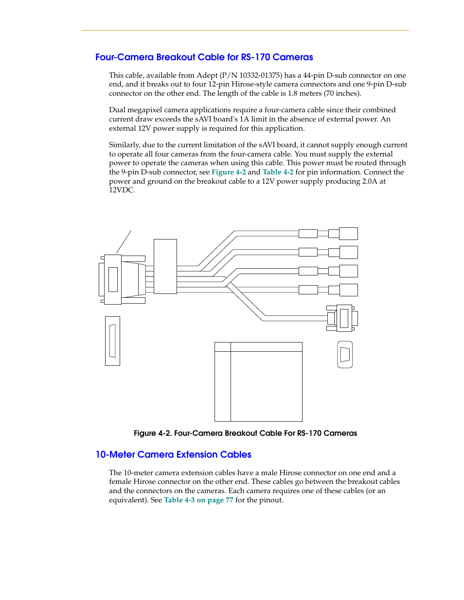 Four-camera breakout cable for rs-170 cameras, Meter camera extension cables, Figure 4-2 | Nortech Systems Adept RS-232/TERM User Manual | Page 71 / 156