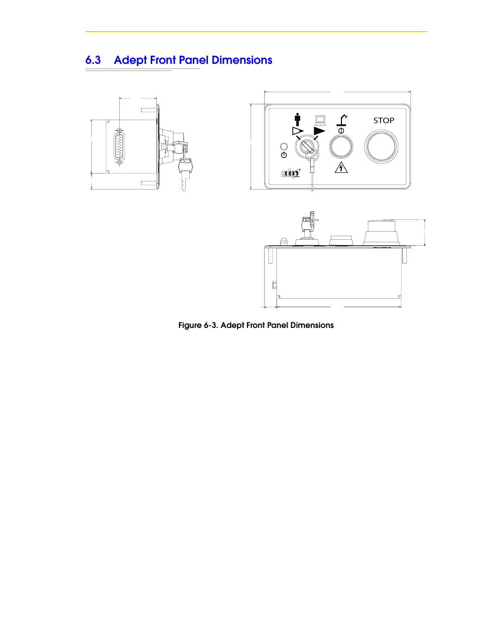 3 adept front panel dimensions, Figure 6-3, Adept front panel dimensions | Stop, Figure 6-3. adept front panel dimensions | Nortech Systems Adept RS-232/TERM User Manual | Page 89 / 156