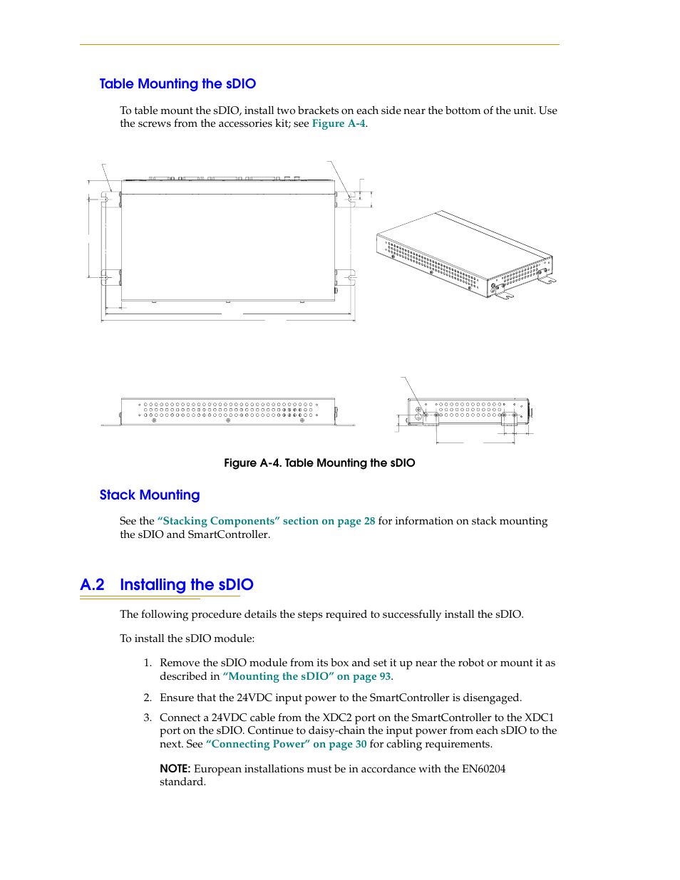 Table mounting the sdio, Stack mounting, A.2 installing the sdio | Figure a-4 | Nortech Systems Adept RS-232/TERM User Manual | Page 96 / 156