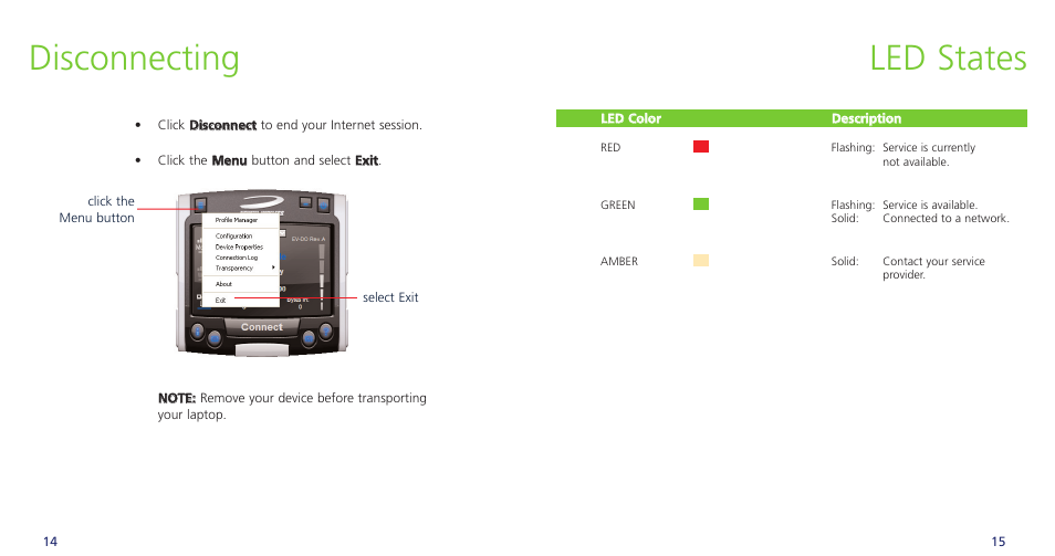 Disconnecting, Led states | Novatel Wireless OVATION PC720 User Manual | Page 10 / 31