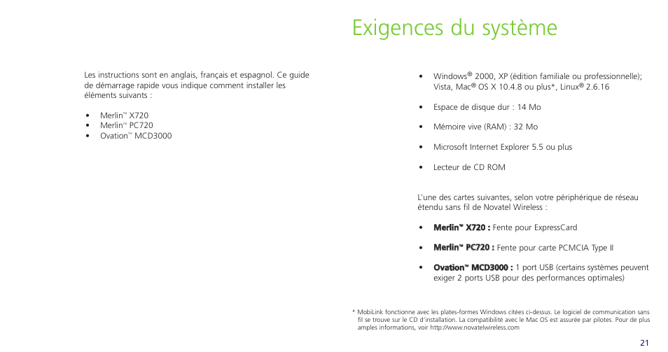Exigences du système | Novatel Wireless OVATION PC720 User Manual | Page 13 / 31