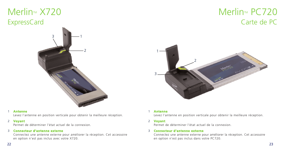 Merlin, Pc720, X720 | Carte de pc, Expresscard | Novatel Wireless OVATION PC720 User Manual | Page 14 / 31