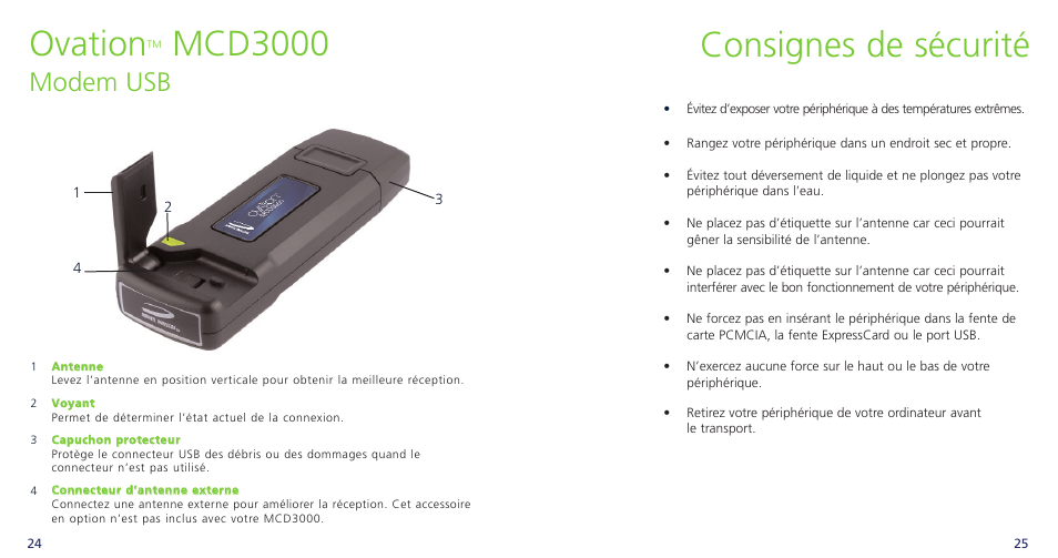 Consignes de sécurité, Ovation, Mcd3000 | Modem usb | Novatel Wireless OVATION PC720 User Manual | Page 15 / 31