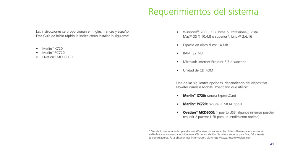 Requerimientos del sistema | Novatel Wireless OVATION PC720 User Manual | Page 23 / 31
