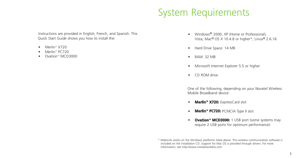 System requirements | Novatel Wireless OVATION PC720 User Manual | Page 3 / 31