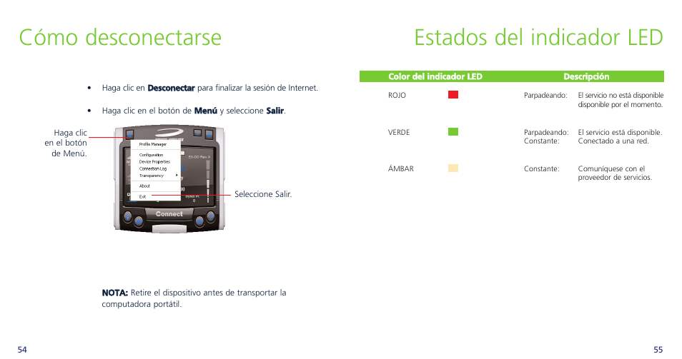 Cómo desconectarse, Estados del indicador led | Novatel Wireless OVATION PC720 User Manual | Page 30 / 31