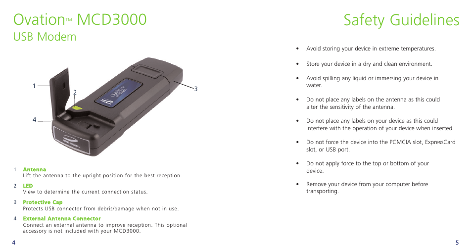 Safety guidelines, Ovation, Mcd3000 | Usb modem | Novatel Wireless OVATION PC720 User Manual | Page 5 / 31