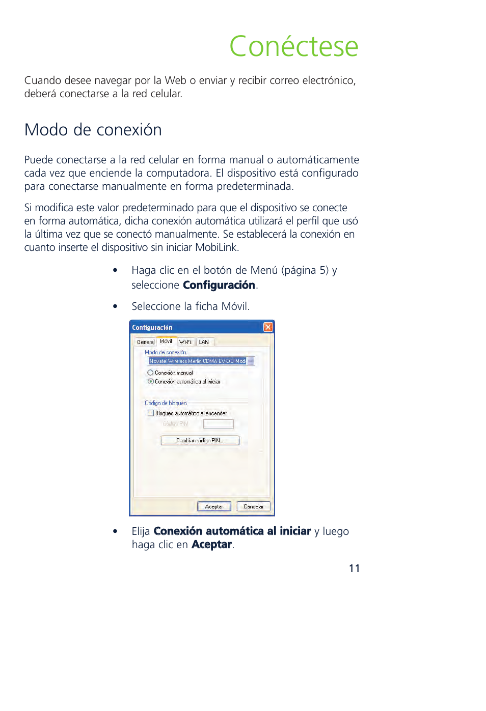 Conéctese, Modo de conexión | Novatel Wireless MCD3000 User Manual | Page 104 / 130