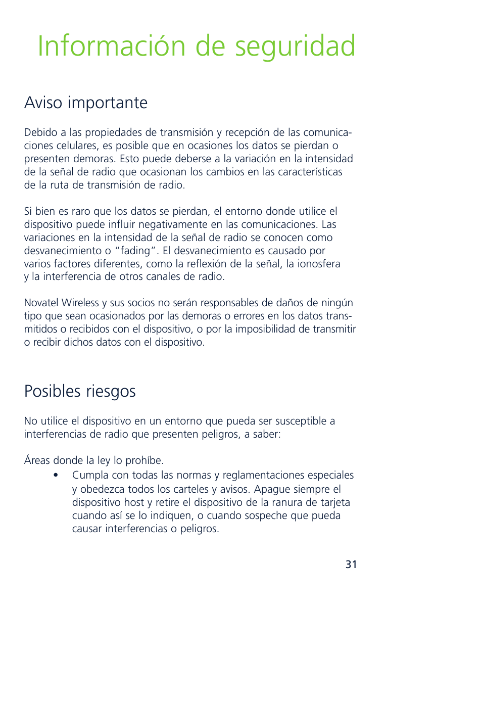 Información de seguridad, Aviso importante, Posibles riesgos | Novatel Wireless MCD3000 User Manual | Page 124 / 130