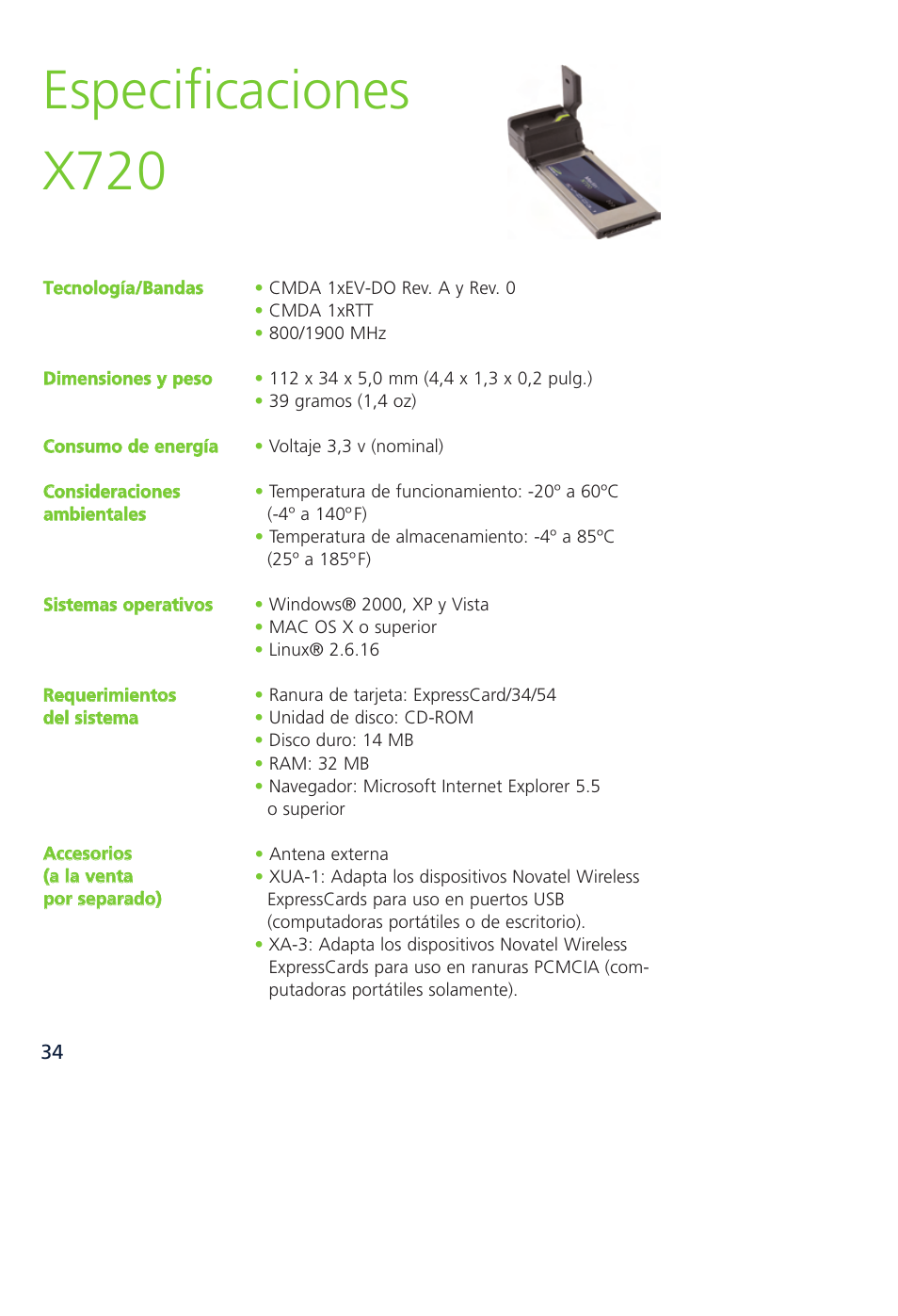 Especificaciones x720 | Novatel Wireless MCD3000 User Manual | Page 127 / 130