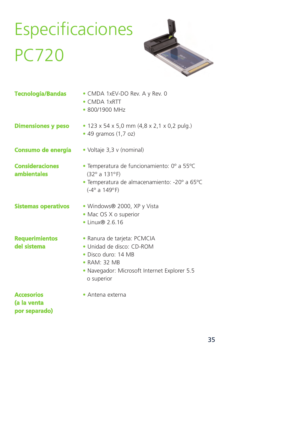 Especificaciones pc720 | Novatel Wireless MCD3000 User Manual | Page 128 / 130