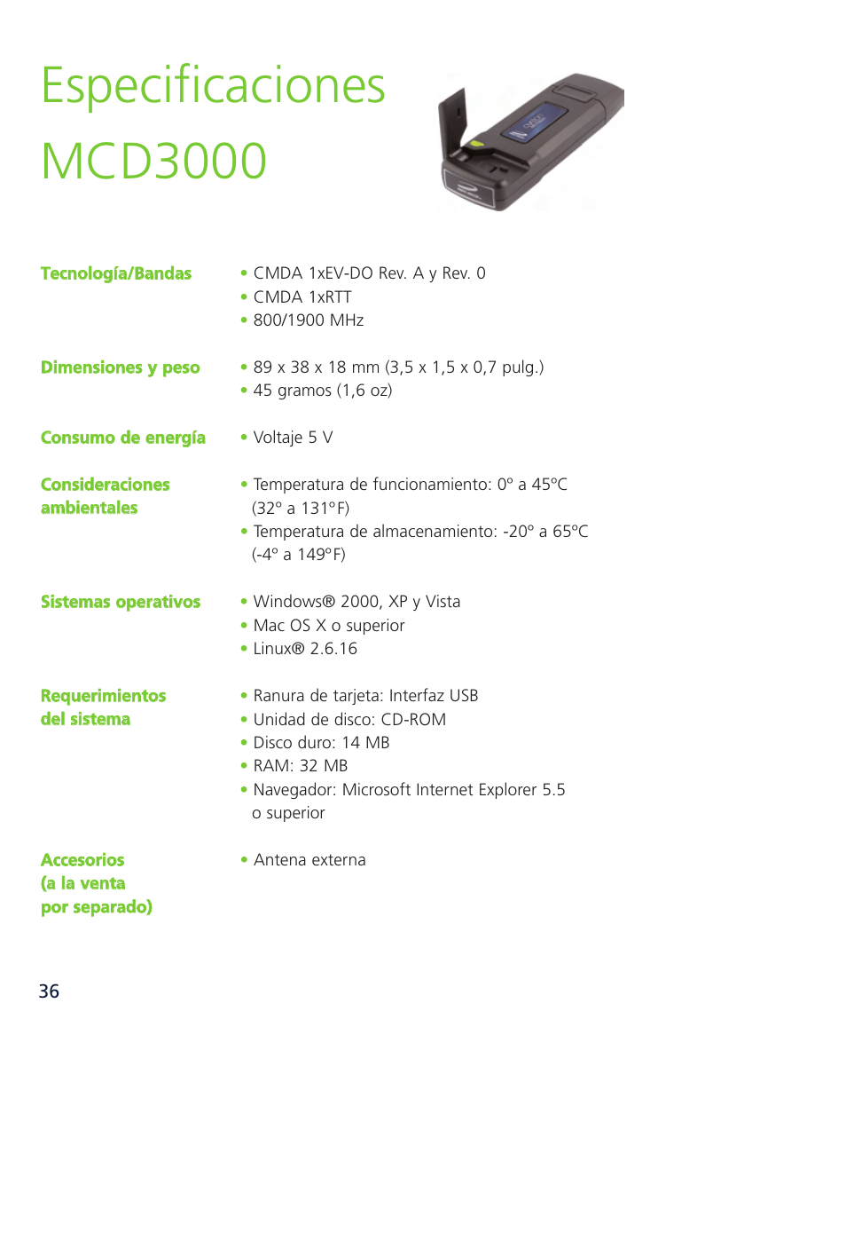 Especificaciones mcd3000 | Novatel Wireless MCD3000 User Manual | Page 129 / 130