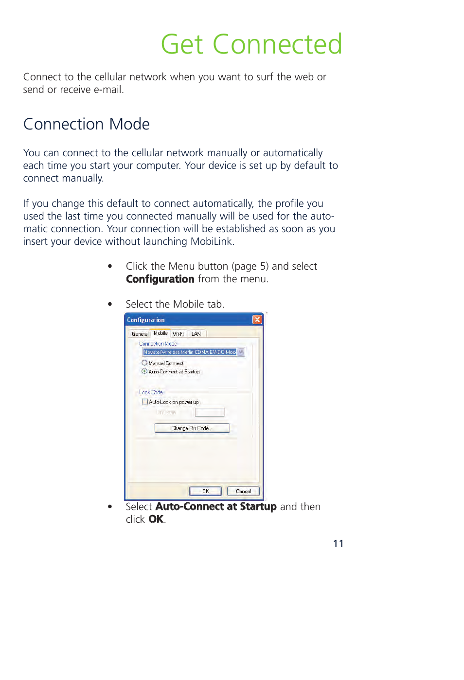 Get connected, Connection mode | Novatel Wireless MCD3000 User Manual | Page 18 / 130