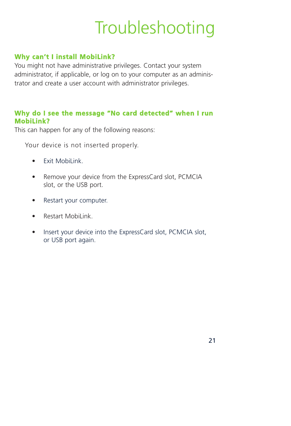 Troubleshooting | Novatel Wireless MCD3000 User Manual | Page 28 / 130