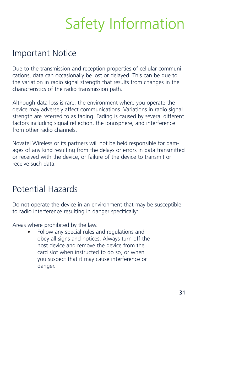 Safety information, Important notice, Potential hazards | Novatel Wireless MCD3000 User Manual | Page 38 / 130