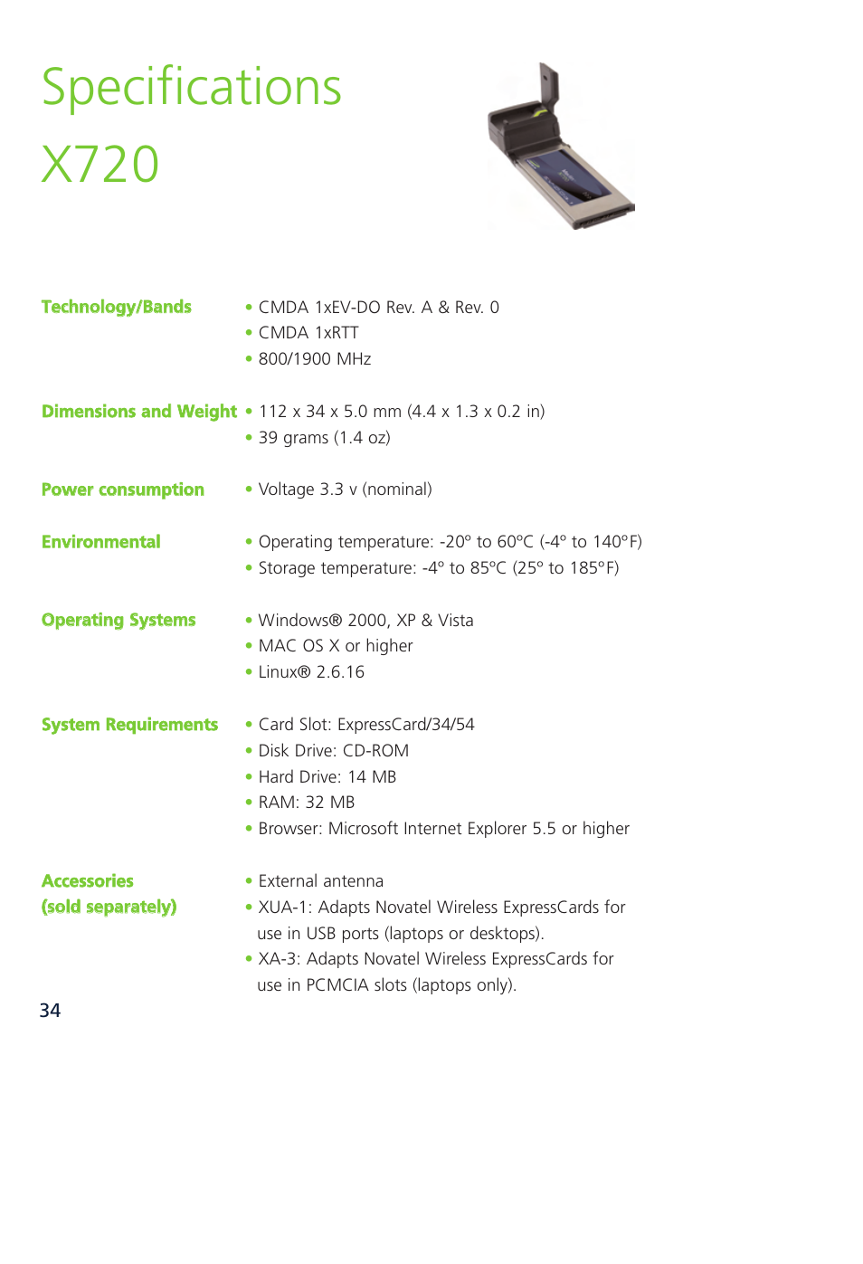 Specifications x720 | Novatel Wireless MCD3000 User Manual | Page 41 / 130