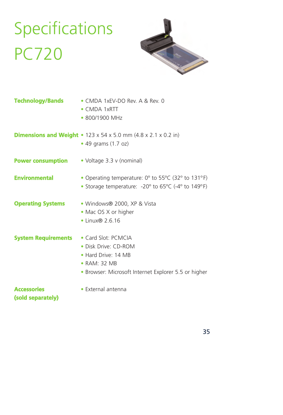 Specifications pc720 | Novatel Wireless MCD3000 User Manual | Page 42 / 130