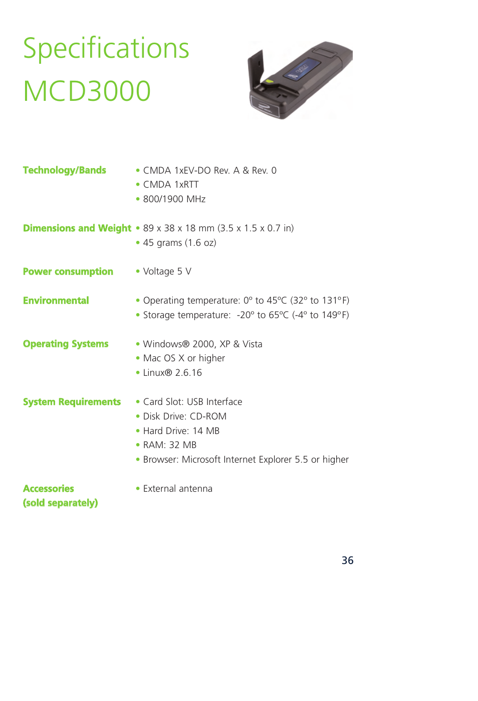 Specifications mcd3000 | Novatel Wireless MCD3000 User Manual | Page 43 / 130