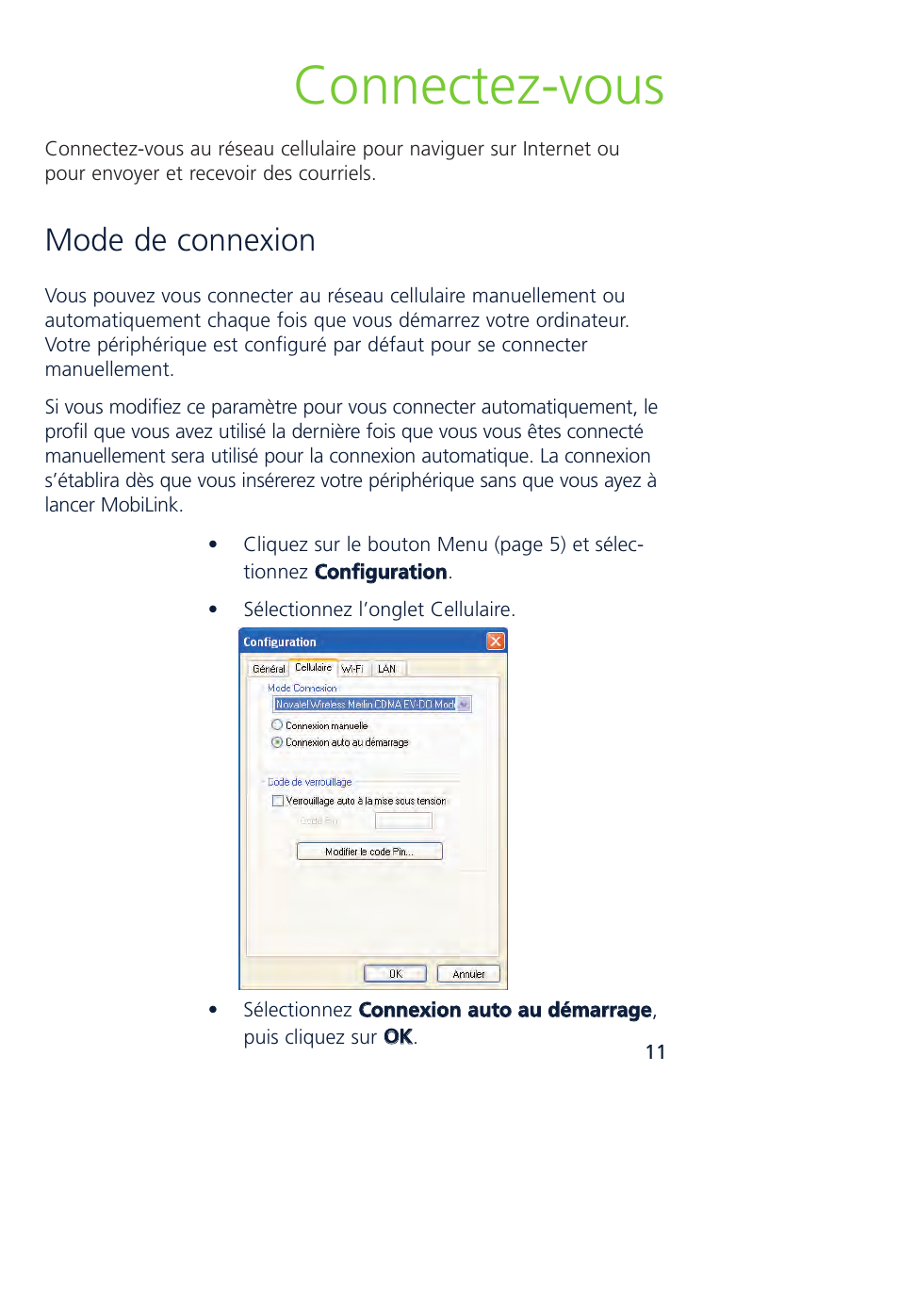 Connectez vous, Mode de connexion | Novatel Wireless MCD3000 User Manual | Page 61 / 130