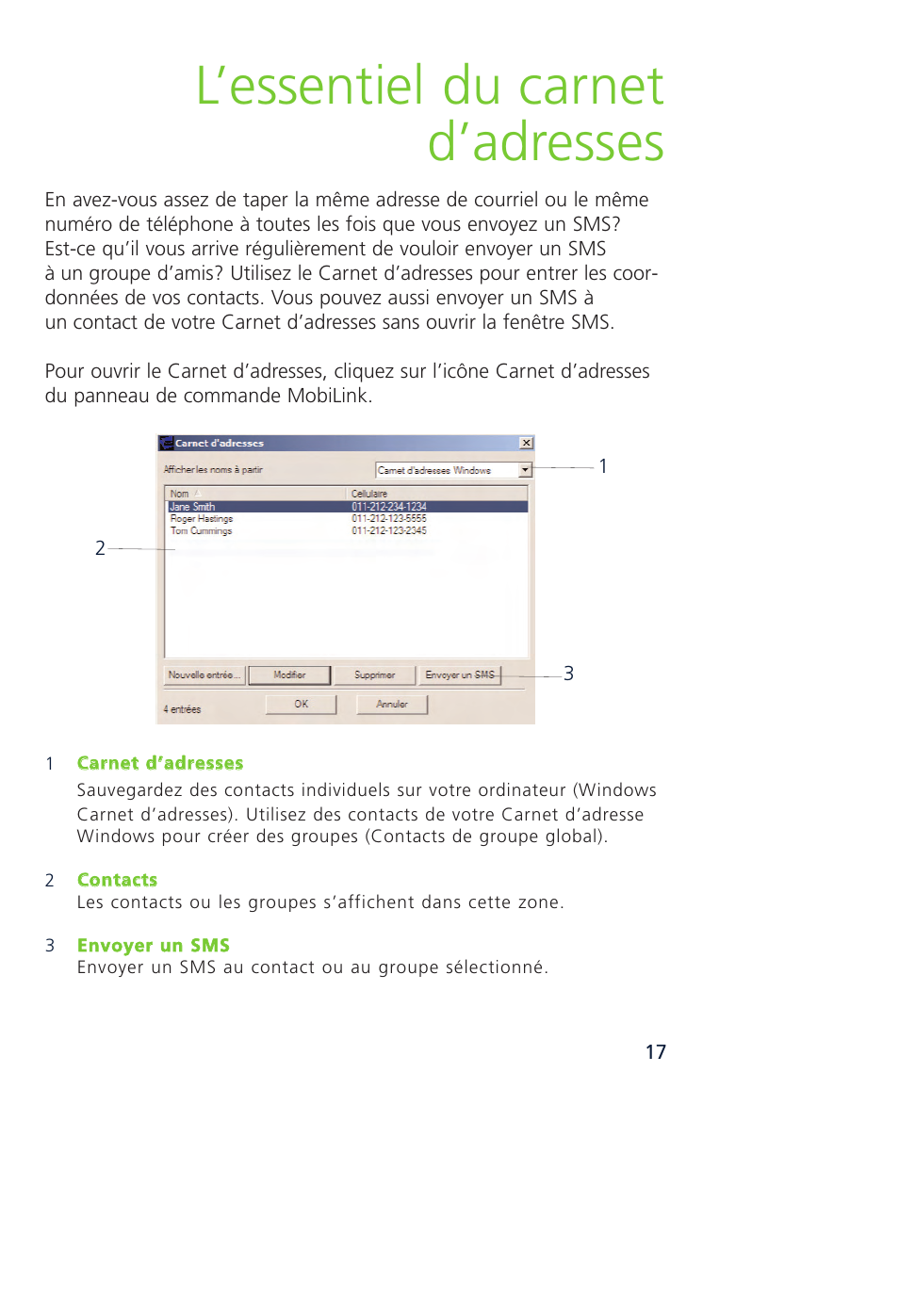 L’essentiel du carnet d’adresses | Novatel Wireless MCD3000 User Manual | Page 67 / 130