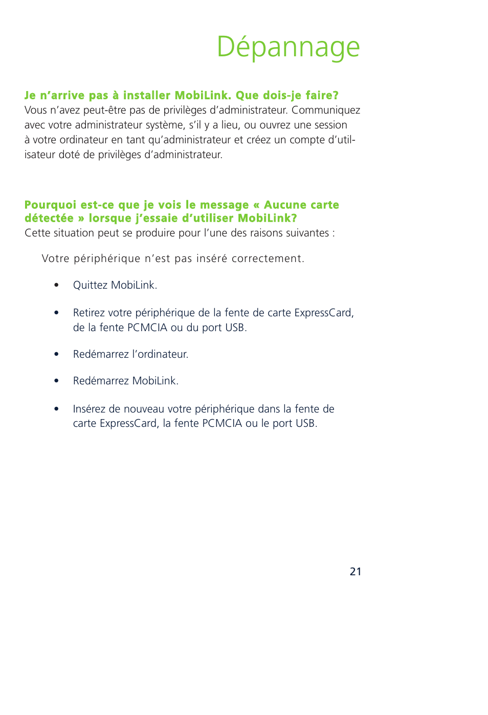 Dépannage | Novatel Wireless MCD3000 User Manual | Page 71 / 130