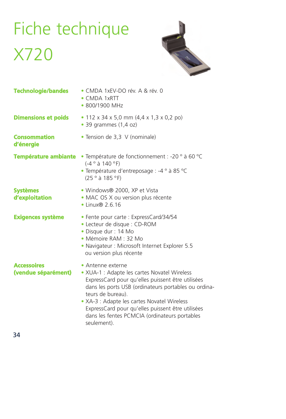 Fiche technique x720 | Novatel Wireless MCD3000 User Manual | Page 84 / 130