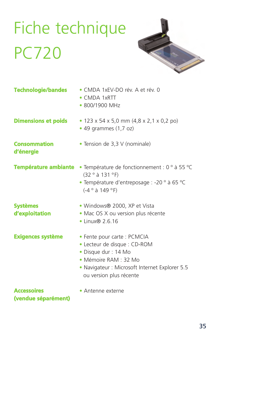 Fiche technique pc720 | Novatel Wireless MCD3000 User Manual | Page 85 / 130