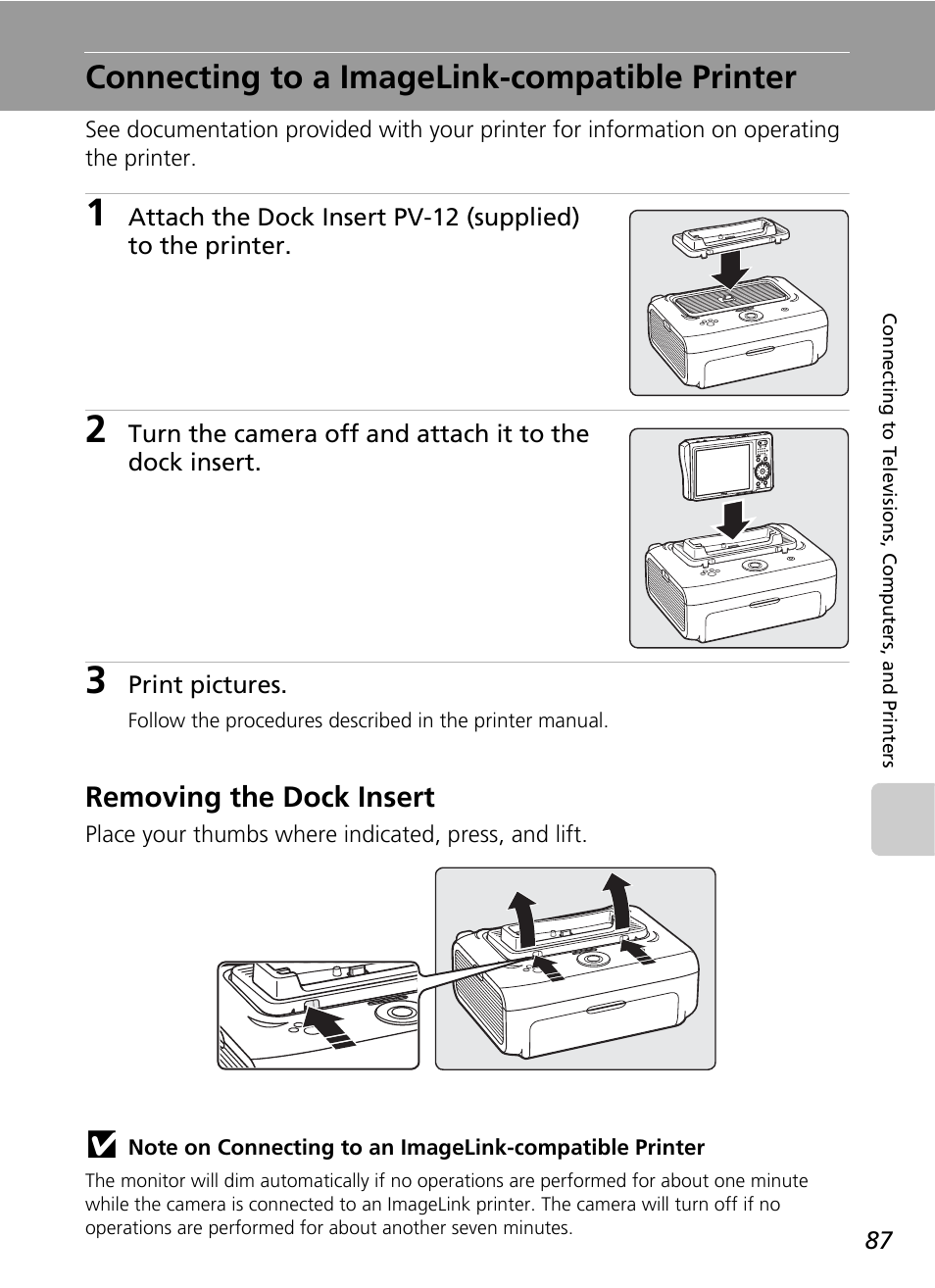 Connecting to a imagelink-compatible printer, Removing the dock insert | Nikon S51c User Manual | Page 101 / 191