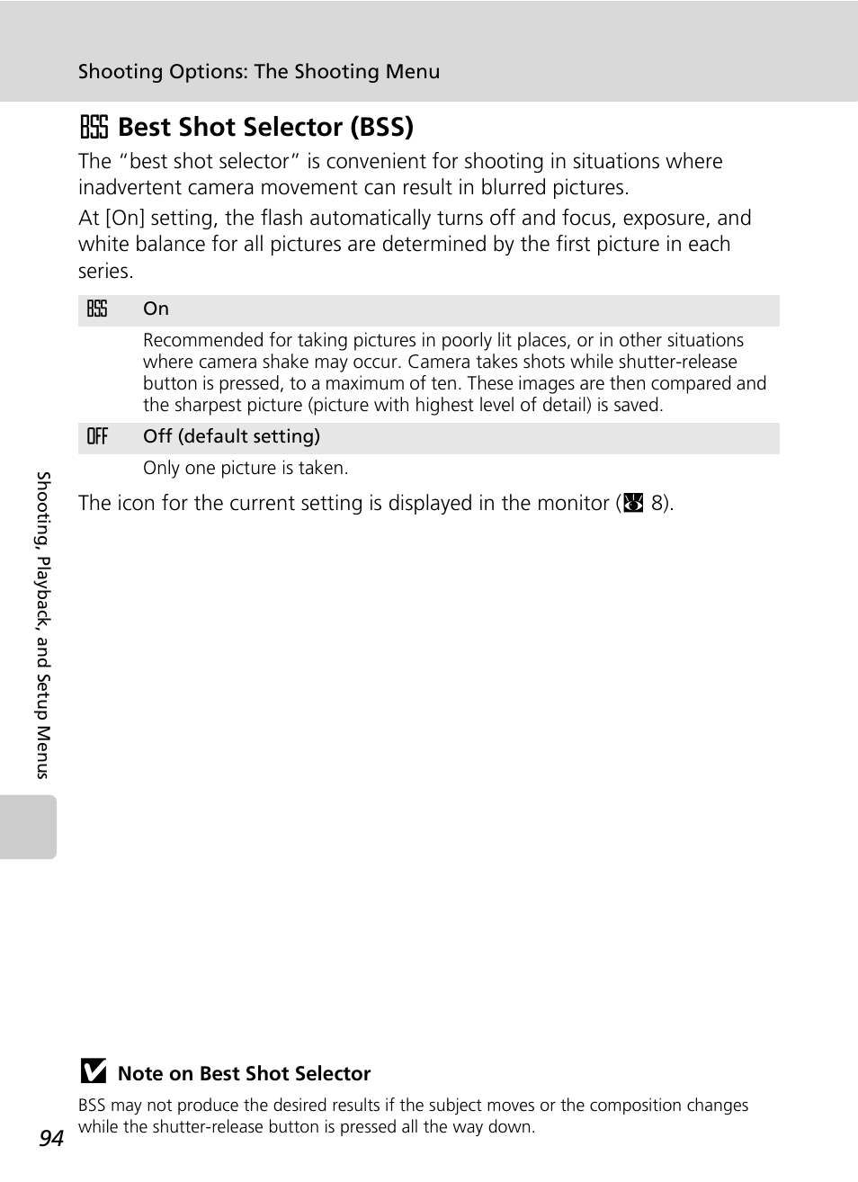 Best shot selector (bss), C 94), iso, C 94 | Abest shot selector (bss) | Nikon S51c User Manual | Page 108 / 191