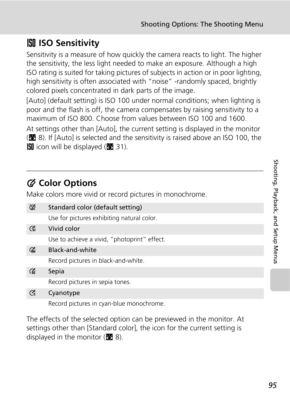 Iso sensitivity, Color options, C 95) | Wiso sensitivity, Dcolor options | Nikon S51c User Manual | Page 109 / 191