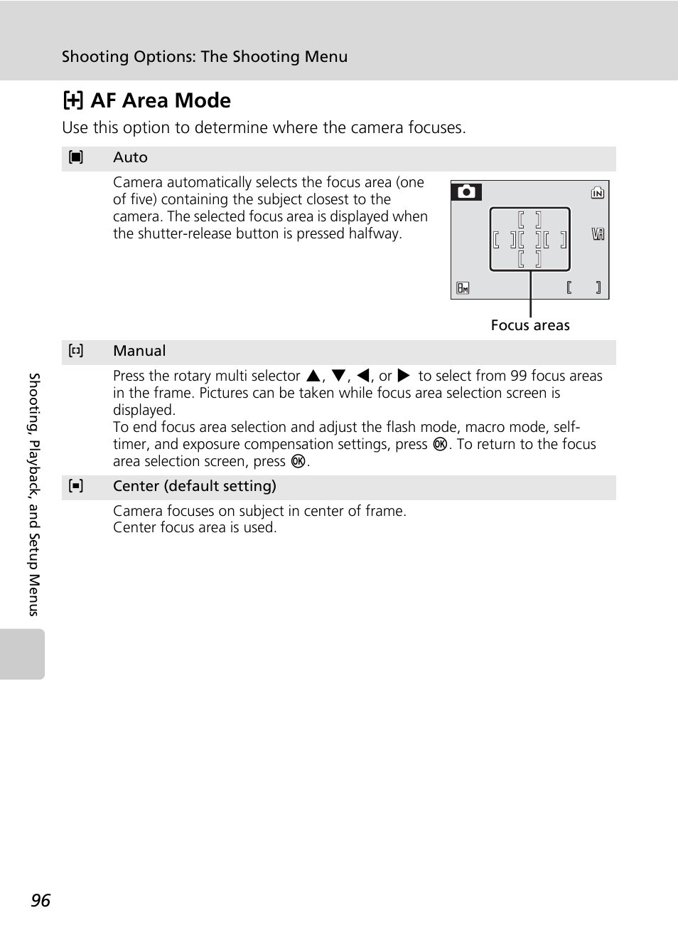 Af area mode, C 96) to s, C 96) | Kaf area mode | Nikon S51c User Manual | Page 110 / 191