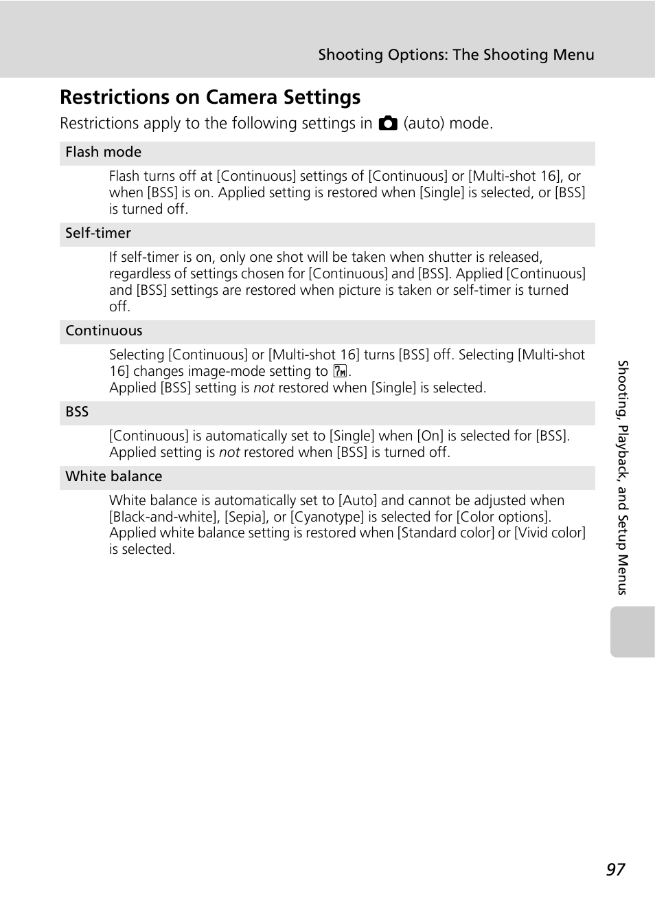 Restrictions on camera settings, C 97 | Nikon S51c User Manual | Page 111 / 191