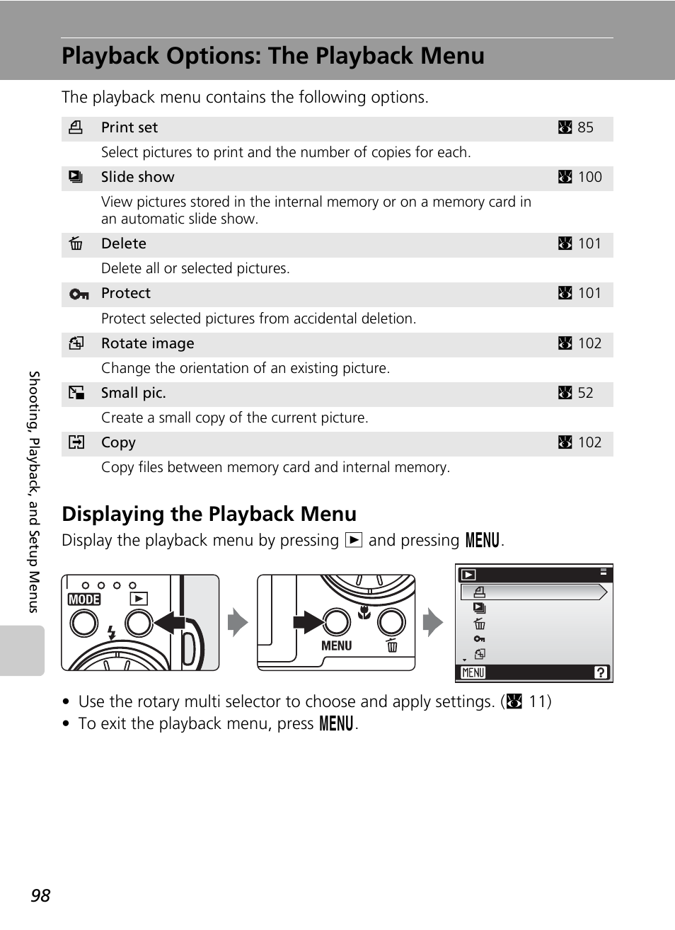 Playback options: the playback menu, Displaying the playback menu, C 98) | Nikon S51c User Manual | Page 112 / 191