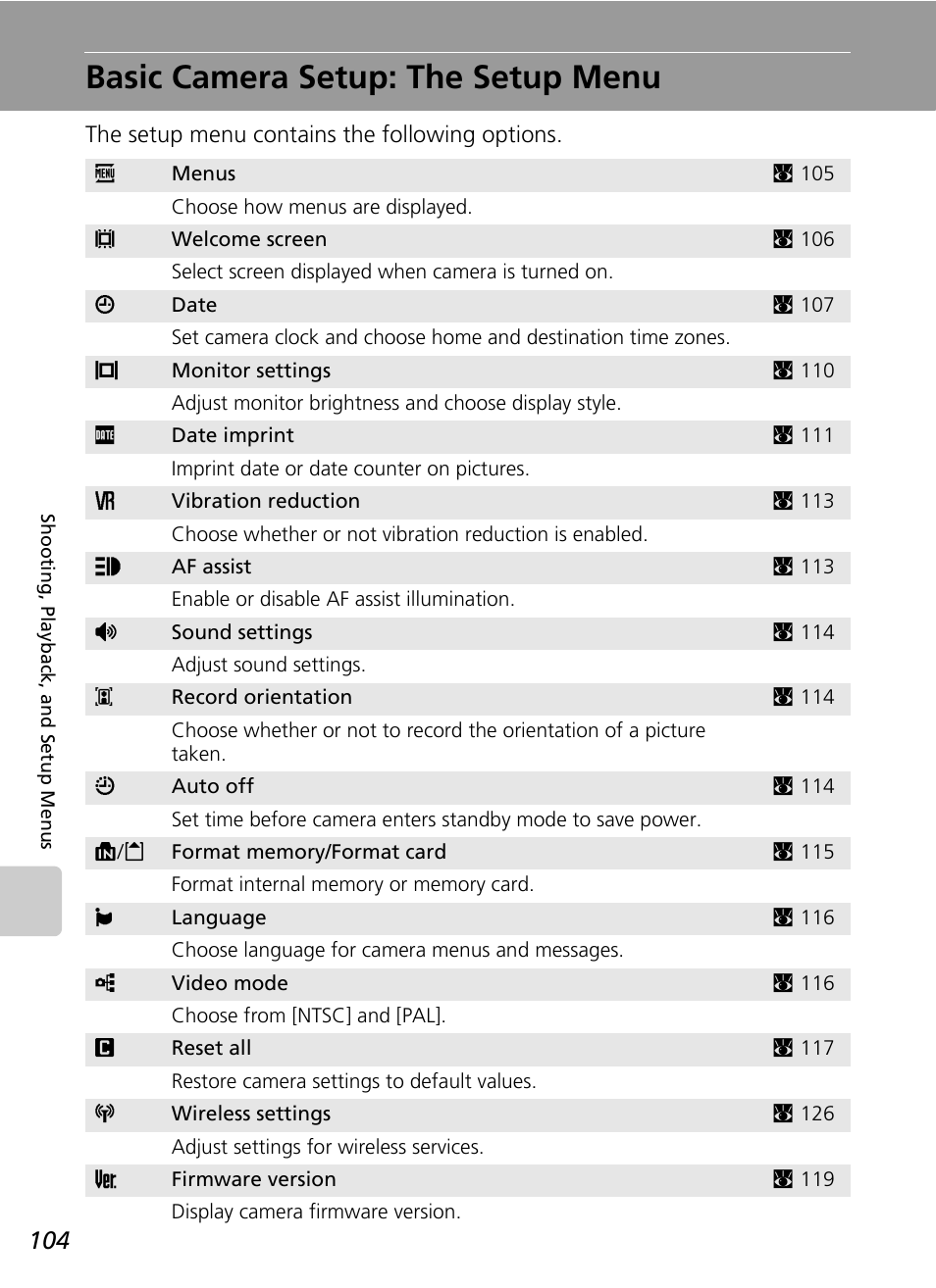 Basic camera setup: the setup menu, C 104) | Nikon S51c User Manual | Page 118 / 191