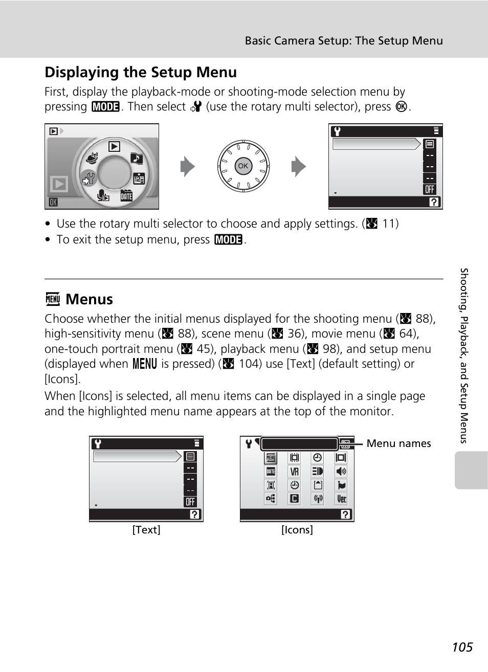 Displaying the setup menu, Menus, Displaying the setup menu r | Rmenus | Nikon S51c User Manual | Page 119 / 191