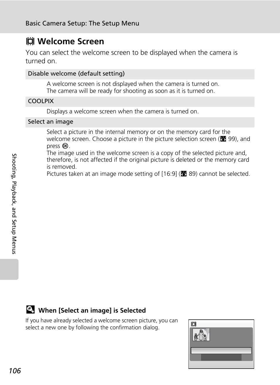 Welcome screen, C 106), Lcome screen (c 106) | Vwelcome screen | Nikon S51c User Manual | Page 120 / 191