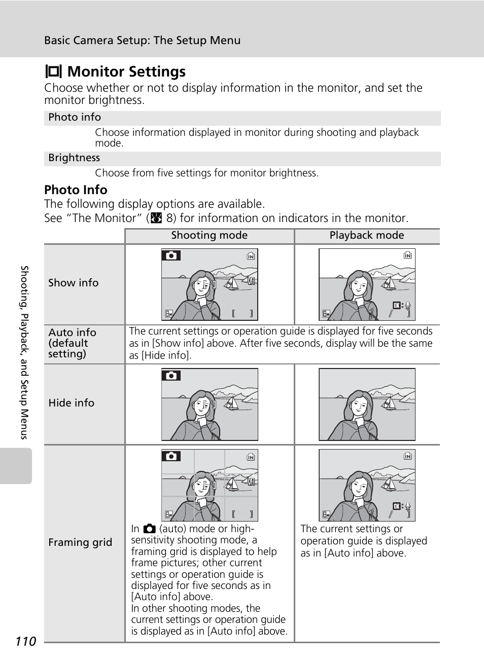 Monitor settings, Zmonitor settings, Photo info | Nikon S51c User Manual | Page 124 / 191