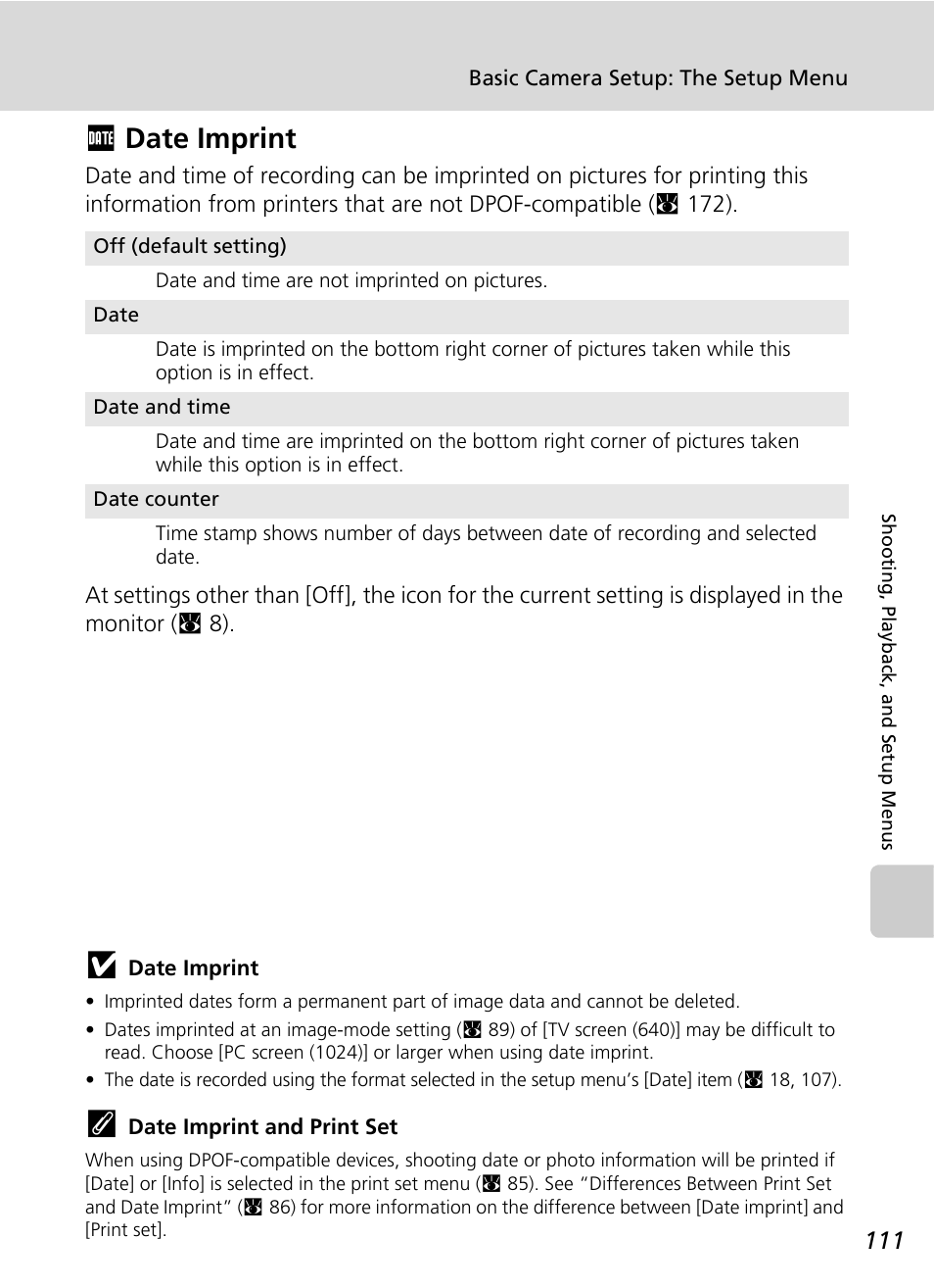 Date imprint, Fdate imprint | Nikon S51c User Manual | Page 125 / 191